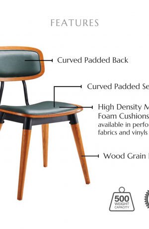 Featuring a curved padded back, curved padded seat, high density molded foam cushions available in performance fabrics and vinyls, wood grain finish also available in powder coated and oil based finishes. This chair has a 500 lb weight capacity with a 12-year warranty.