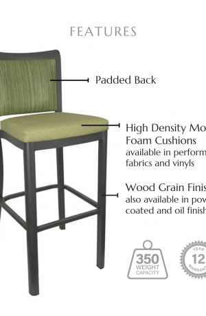 Featuring a back cushion, high density molded foam cushions available in performance fabrics and vinyls, wood grain finish also available in powder coated and oil based finishes. This stool has a 350 lb weight capacity with a 12-year warranty.Featuring a back cushion, high density molded foam cushions available in performance fabrics and vinyls, wood grain finish also available in powder coated and oil based finishes. This stool has a 350 lb weight capacity with a 12-year warranty.