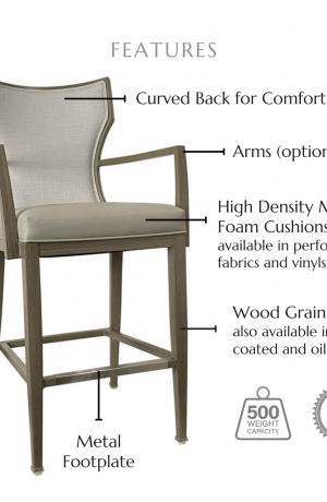 Featuring a curved back for comfort, high density molded foam cushions available in performance fabrics and vinyls, metal footplate, wood grain finish also available in powder coated and oil based finishes. This stool has a 500 lb weight capacity with a 12-year warranty.
