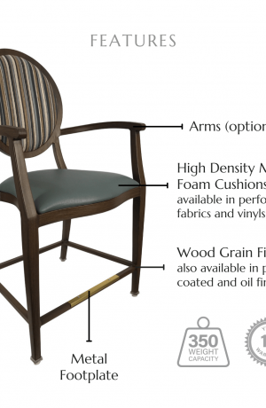 Featuring arms (optional), high density molded foam cushions available in performance fabrics and vinyls, metal footplate, wood grain finish also available in powder coated and oil based finishes. This stool has a 350 lb weight capacity with a 12-year warranty.