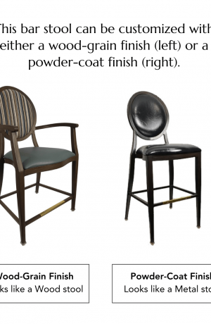 This bar stool can be customized with either a wood-grain finish (left) or a powder-coat finish (right).