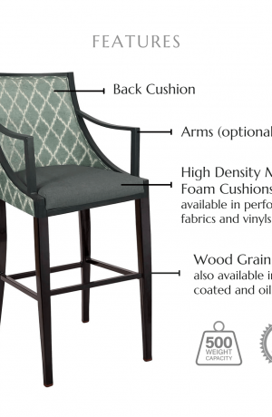 Featuring a back cushion, optional arms, high density molded foam cushions available in performance fabrics and vinyls, metal footplate, wood grain finish also available in powder coated and oil based finishes. This stool has a 500 lb weight capacity with a 12-year warranty.