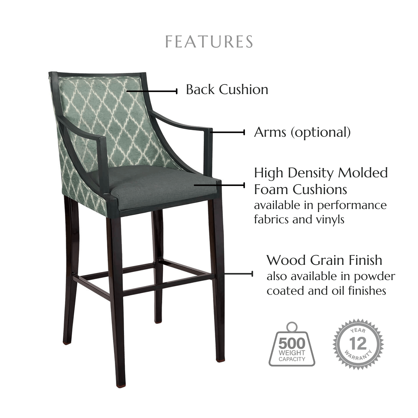 Featuring a back cushion, optional arms, high density molded foam cushions available in performance fabrics and vinyls, metal footplate, wood grain finish also available in powder coated and oil based finishes. This stool has a 500 lb weight capacity with a 12-year warranty.
