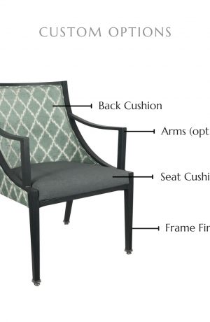 Customize this chair by selecting your back cushion, seat cushion, arms, and frame finish.