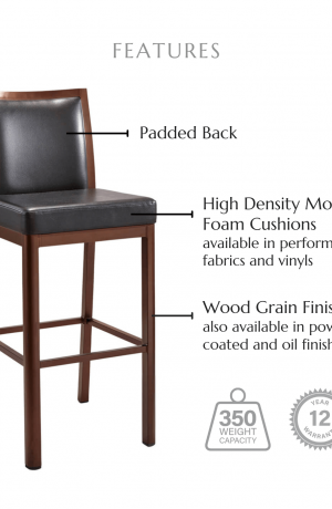 Featuring a back cushion, high density molded foam cushions available in performance fabrics and vinyls, wood grain finish also available in powder coated and oil based finishes. This stool has a 350 lb weight capacity with a 12-year warranty.