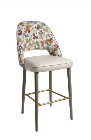 Mid-Century Modern Floral Upholstered Bar Stool - Brass Footrest - IH Seating Catherine