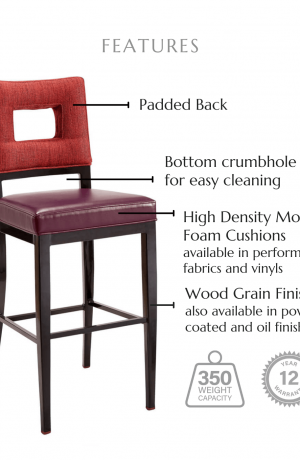 Featuring a back cushion, high density molded foam cushions available in performance fabrics and vinyls, wood grain finish also available in powder coated and oil based finishes. This stool has a 350 lb weight capacity with a 12-year warranty.