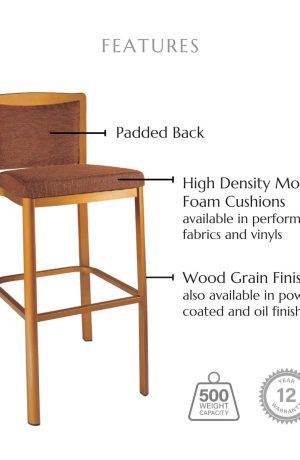 Featuring a back cushion, high density molded foam cushions available in performance fabrics and vinyls, wood grain finish also available in powder coated and oil based finishes. This stool has a 350 lb weight capacity with a 12-year warranty.