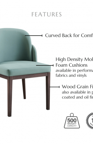 Featuring a curved back for comfort, high density molded foam cushions available in performance fabrics and vinyls, wood grain finish also available in powder coated and oil based finishes. This chair has a 500 lb weight capacity with a 12-year warranty.