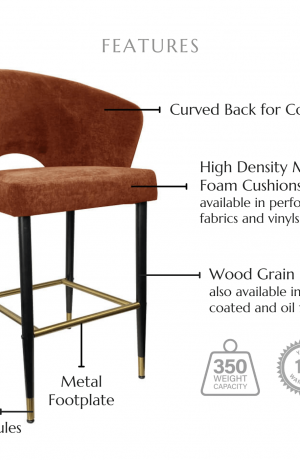 Featuring a curved back for comfort, high density molded foam cushions available in performance fabrics and vinyls, wood grain finish also available in powder coated and oil based finishes. This stool has a 350 lb weight capacity with a 12-year warranty.