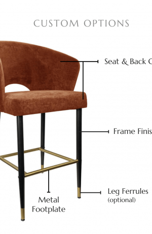 Customize this stool by selecting your seat and back cushion, frame finish, metal footplate finish and optional leg ferrules.