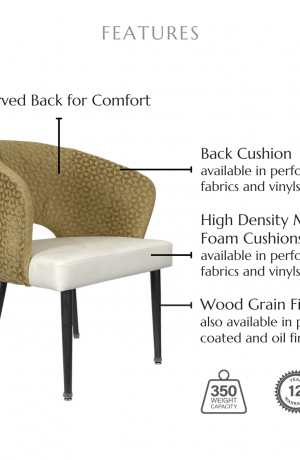 Featuring a curved back for comfort, high density molded foam cushions available in performance fabrics and vinyls, wood grain finish also available in powder coated and oil based finishes. This chair has a 350 lb weight capacity with a 12-year warranty.