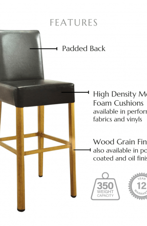 Featuring a back cushion, high density molded foam cushions available in performance fabrics and vinyls, wood grain finish also available in powder coated and oil based finishes. This stool has a 350 lb weight capacity with a 12-year warranty.