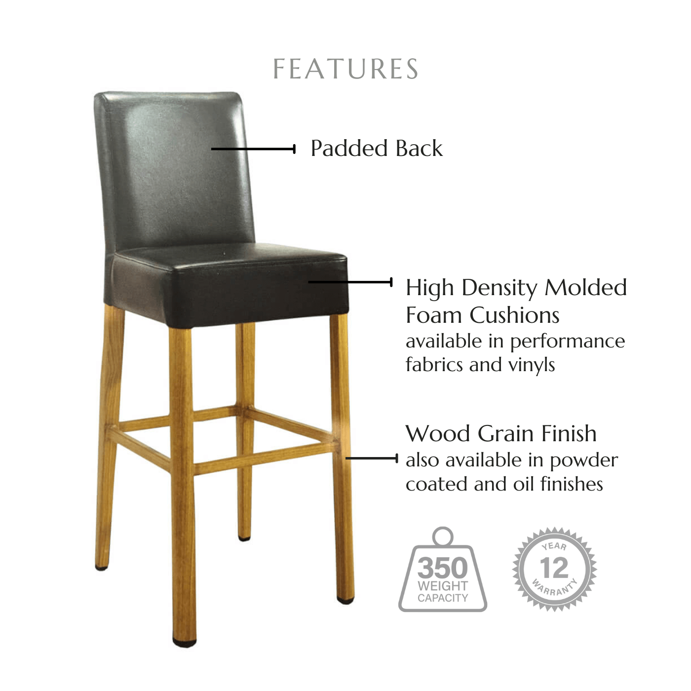 Featuring a back cushion, high density molded foam cushions available in performance fabrics and vinyls, wood grain finish also available in powder coated and oil based finishes. This stool has a 350 lb weight capacity with a 12-year warranty.