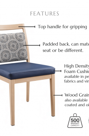 Featuring high density molded foam seat and back cushions available in performance fabrics and vinyls, wood grain finish also available in powder coated and oil based finishes. This chair has a 500 lb weight capacity with a 12-year warranty.