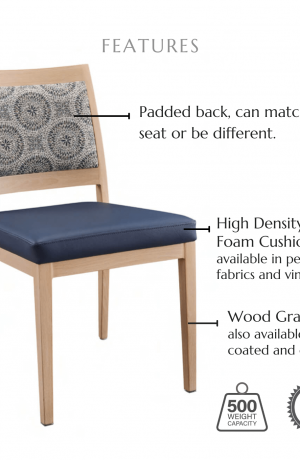Featuring high density molded foam seat and back cushions available in performance fabrics and vinyls, wood grain finish also available in powder coated and oil based finishes. This chair has a 500 lb weight capacity with a 12-year warranty.