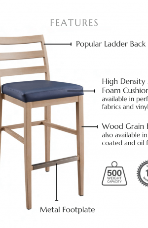 Featuring high density molded foam seat cushions available in performance fabrics and vinyls, wood grain finish also available in powder coated and oil based finishes. This stool has a 500 lb weight capacity with a 12-year warranty.