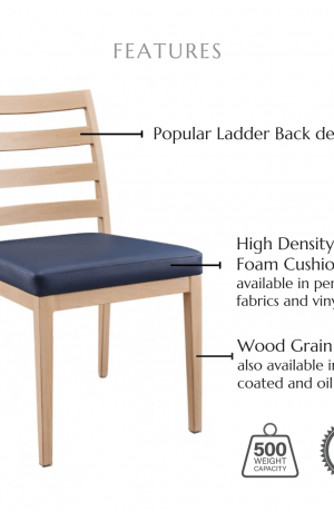 Featuring high density molded foam seat cushions available in performance fabrics and vinyls, wood grain finish also available in powder coated and oil based finishes. This chair has a 500 lb weight capacity with a 12-year warranty.