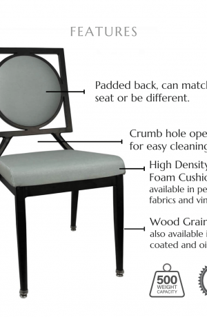 Featuring high density molded foam seat and back cushions available in performance fabrics and vinyls, wood grain finish also available in powder coated and oil based finishes. This chair has a 500 lb weight capacity with a 12-year warranty.