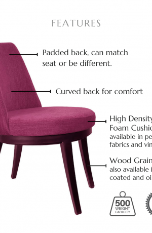 Featuring high density molded foam seat and back cushions available in performance fabrics and vinyls, curved back for comfort, wood grain finish also available in powder coated and oil based finishes. This chair has a 500 lb weight capacity with a 12-year warranty.