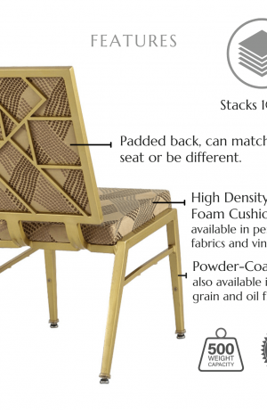 Featuring high density molded foam seat and back cushions available in performance fabrics and vinyls, wood grain finish also available in powder coated and oil based finishes. This chair has a 500 lb weight capacity with a 12-year warranty. This chair also stacks 10 high!