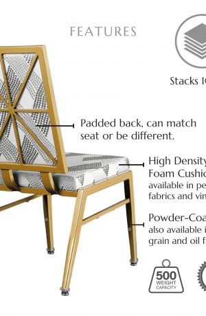 Featuring high density molded foam seat and back cushions available in performance fabrics and vinyls, wood grain finish also available in powder coated and oil based finishes. This chair has a 500 lb weight capacity with a 12-year warranty. This chair also stacks 10 high!