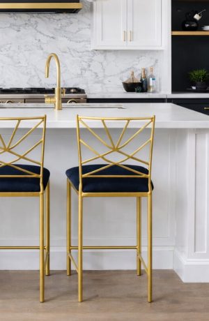 Wesley Allen's Clair Geometric Modern Gold Bar Stools in Black, White, and Gold Kitchen