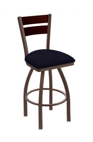 Holland's Thor Bronze Swivel Bar Stool with Blue Seat Cushion and Cherry Wood Back