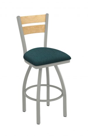 Holland's Thor Nickel Swivel Bar Stool with Teal Seat Cushion and Natural Back Wood Finish