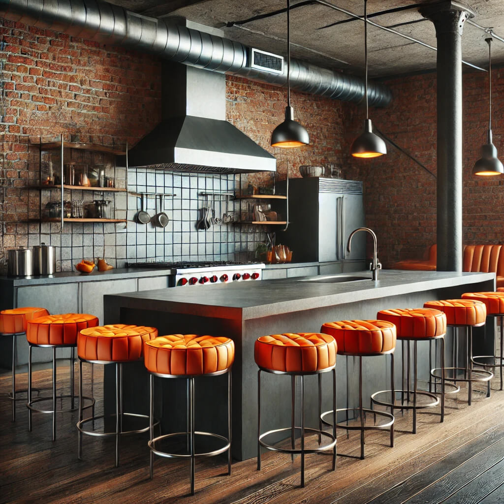 Orange Bar Stools in Industrial Kitchen