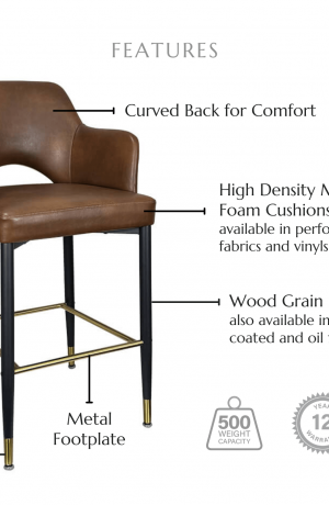 Featuring a curved back for comfort, high density molded foam cushions available in performance fabrics and vinyls, metal footplate, leg ferrules, wood grain finish also available in powder coated and oil based finishes. This stool has a 500 lb weight capacity with a 12-year warranty.