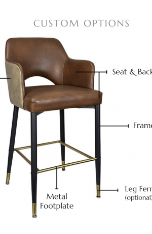 Customize this stool by selecting your seat and back cushion, alternate back cushion, frame finish, metal footplate finish, and leg ferrule finish.