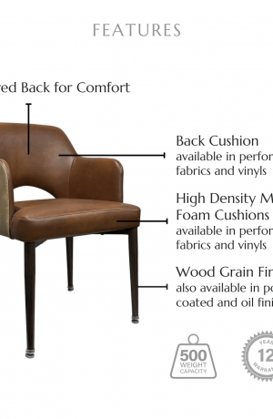Featuring a curved back for comfort, high density molded foam cushions available in performance fabrics and vinyls, wood grain finish also available in powder coated and oil based finishes. This stool has a 500 lb weight capacity with a 12-year warranty.