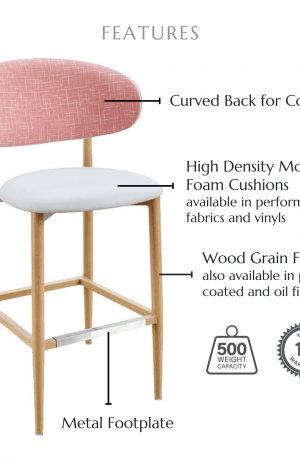 Featuring curved back for comfort, high density molded foam cushions available in performance fabrics and vinyls, metal footplate, wood grain finish also available in powder coated and oil based finishes. This stool has a 500 lb weight capacity with a 12-year warranty.