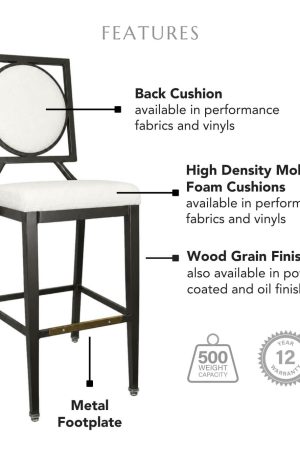 Featuring high density molded foam cushions available in performance fabrics and vinyls, metal footplate, wood grain finish also available in powder coated and oil based finishes. This stool has a 500 lb weight capacity with a 12-year warranty.