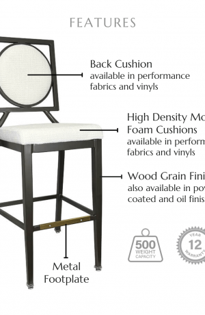 Featuring high density molded foam cushions available in performance fabrics and vinyls, metal footplate, wood grain finish also available in powder coated and oil based finishes. This stool has a 500 lb weight capacity with a 12-year warranty.