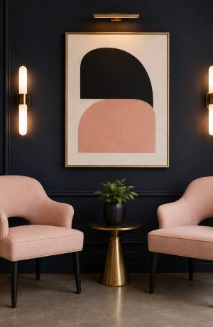 Pink upholstered lounge chairs with black legs in a modern hospitality seating area with a black accent wall, brass table, wall sconces, and abstract art.