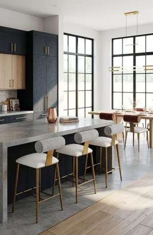 Wesley Allen's Luca Modern Gold Bar Stools in Open Concept Kitchen
