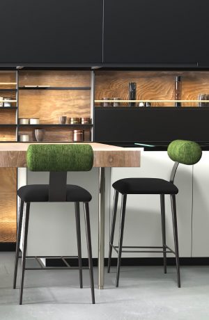 Wesley Allen's Luca Modern Metal Bar Stool with Rolled Back in Modern Kitchen