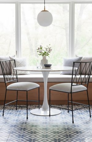Wesley Allen's Stella Modern Black Dining Chairs in Matte Black and Zen Dawn Fabric