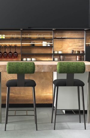 Wesley Allen's Luca Modern Metal Bar Stool with Rolled Back in Modern Kitchen