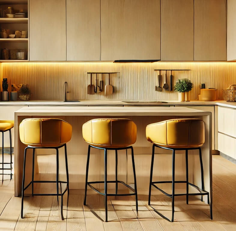 Wood cabinetry with yellow bar stools