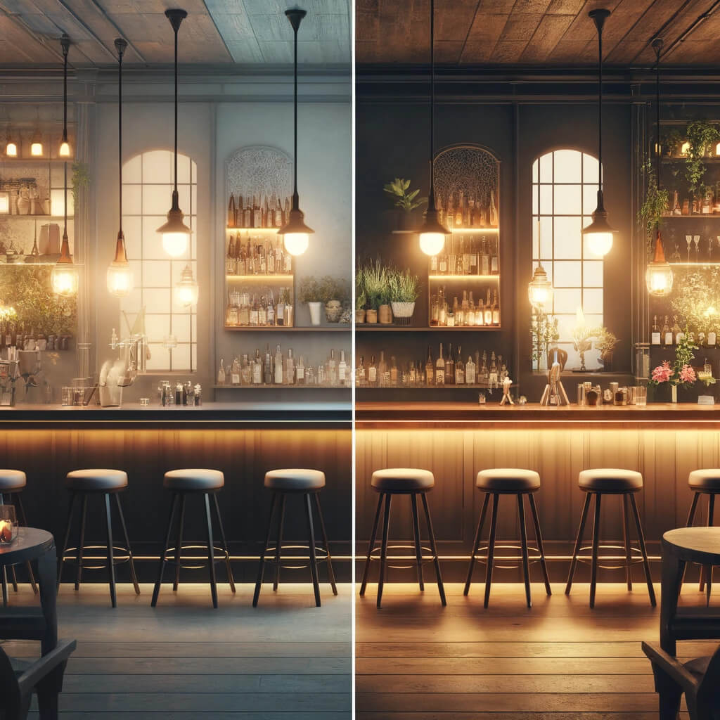 Cozy hotel bar lighting before and after