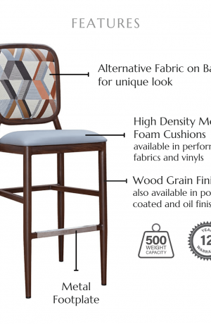 Featuring a back cushion, high density molded foam cushions available in performance fabrics and vinyls, wood grain finish also available in powder coated and oil based finishes. This stool has a 500 lb weight capacity with a 12-year warranty.