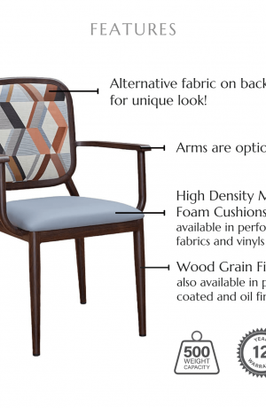 Featuring a back cushion, high density molded foam cushions available in performance fabrics and vinyls, wood grain finish also available in powder coated and oil based finishes. This chair has a 500 lb weight capacity with a 12-year warranty.