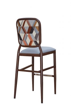 Felix Mid-Century Modern Wood-Grain Bar Stool with Geometric Fabric on Back - Back View