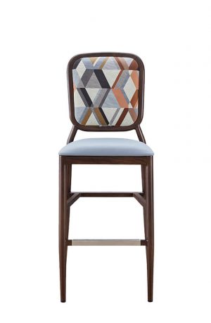 Felix Mid-Century Modern Wood-Grain Bar Stool with Geometric Fabric on Back - Front View