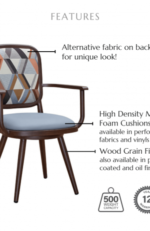 Featuring a back cushion, high density molded foam cushions available in performance fabrics and vinyls, wood grain finish also available in powder coated and oil based finishes. This chair has a 500 lb weight capacity with a 12-year warranty.