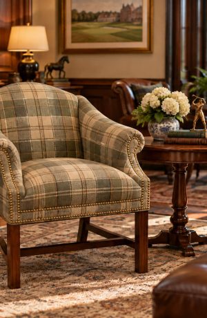 Plaid upholstered club chair with rolled arms, brass nailhead trim, and dark wood legs in an elegant country club lounge.