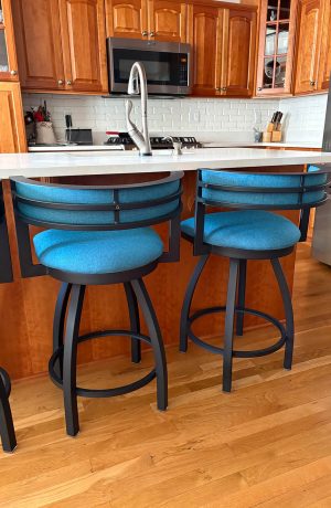 Holland's Artemis Black Swivel Bar Stool in Teal Blue in Customer's Kitchen